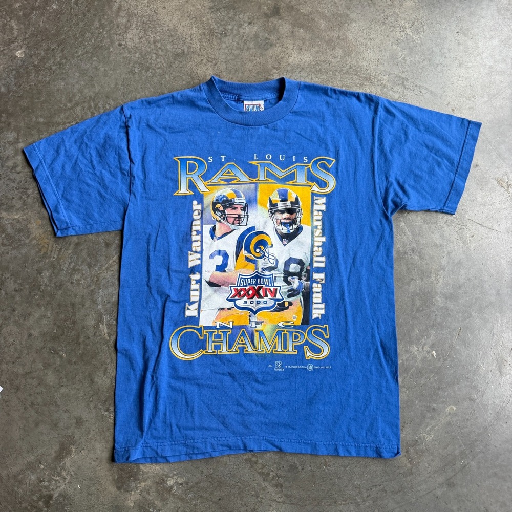 Vintage St. Louis Rams NFC Champs Kurt Warner Marshall Faulk Graphic Shirt Sz L